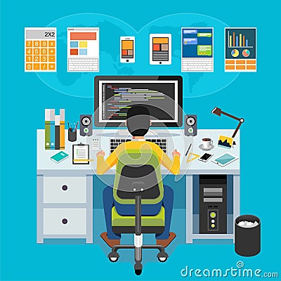 Mobile application developer. Programmer working on computer Stock Photo