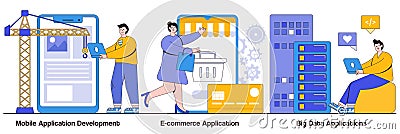 Mobile application development, ecommerce app, big data concept with tiny people. Commercial software vector illustration set. Vector Illustration
