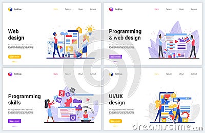 Mobile application development process vector illustrations with flat cartoon programming team of developers, teamwork Vector Illustration