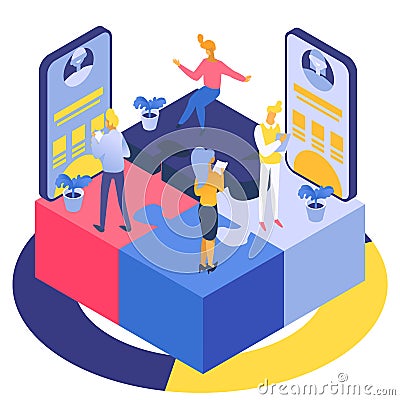 Mobile application development, team of people create interface design, vector flat isometric illustration. Vector Illustration