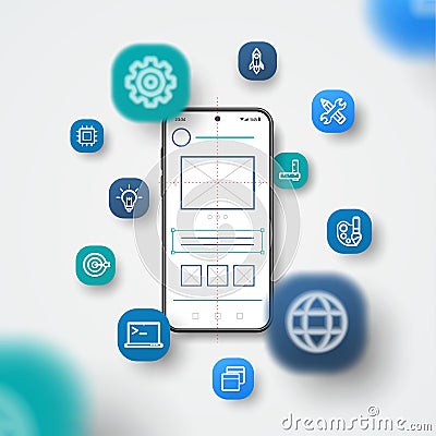 Mobile application development, UI, UX project concept. 3d icons flying over screen. Business user interface design Vector Illustration