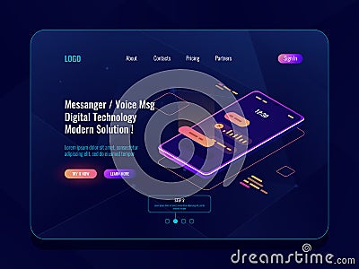 Mobile application messenger concept isometric icon, mobile phone with sms dialog on screen, chatbot, sent voice message Vector Illustration