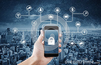 Mobile application and online data security system technology. Hand using mobile smart phone with lock and application icon Stock Photo