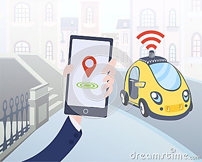 Mobile application for ordering driverless taxi. Smartphone and car on city street background. Vector illustration. Vector Illustration