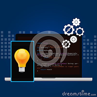 Mobile application programming language code smart phone head and idea Vector Illustration
