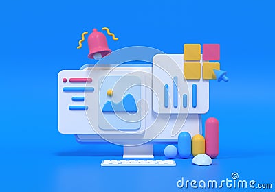 Mobile application, Software and web development with 3d shapes, bar chart, an infographic on blue background. 3d rendering Stock Photo