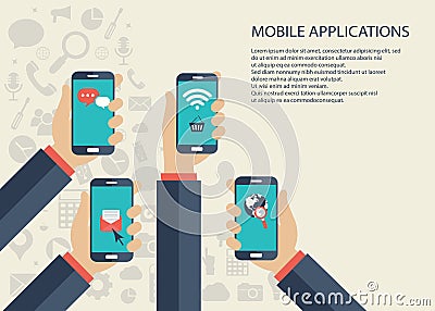 Mobile applications concept. Hands with phones. Flat vector illustration. Vector Illustration