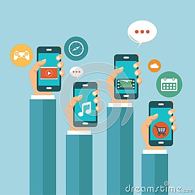 Mobile applications concept. Hands with phones. Flat vector illustration. Vector Illustration