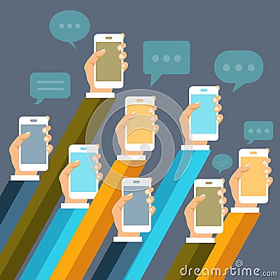 Mobile applications concept. Hands with phones. Flat illustration. Cartoon Illustration