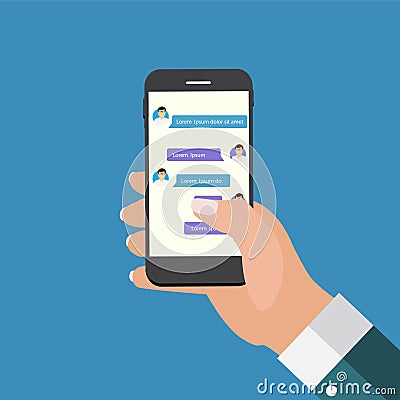 Mobile Apps Concept Hand Holding Phone. Social network concept. Vector Illustration