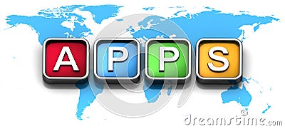 Mobile apps icons on world map Stock Photo