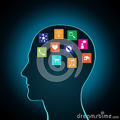 Mobile apps installed into the brain, replacing the mind, consciousness Vector Illustration