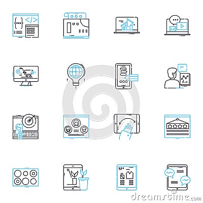Mobile apps linear icons set. Innovation, Convenience, Functionality, Efficiency, Integration, Versatility Vector Illustration