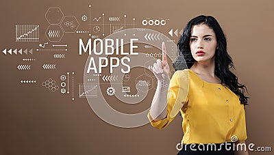 Mobile apps text with business woman Stock Photo