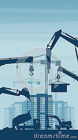 Mobile background of heavy machinery such as truck, wheel excavator, working on the construction of buildings in a city Vector Illustration