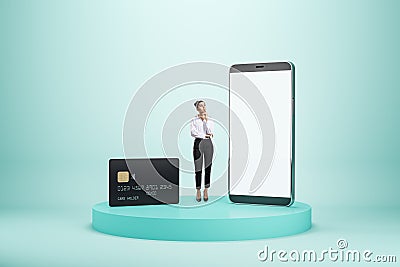 Mobile bank and banking concept with pensive woman among modern smartphone with blank white screen with space for web design or Stock Photo