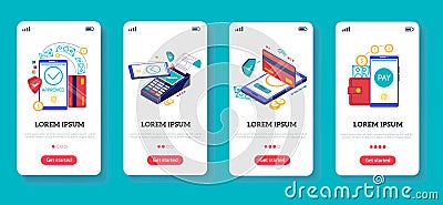 Mobile bank onboard screen. Financial application for wireless money transfer and online shopping concept. Crypto wallet Vector Illustration