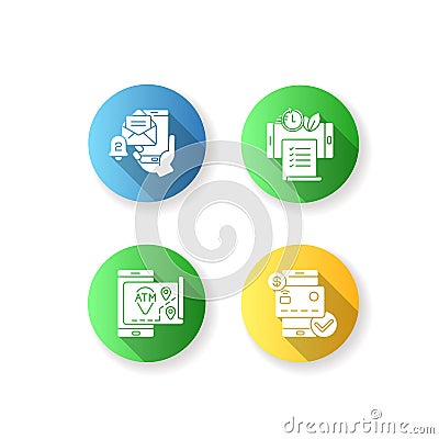 Mobile bank service app flat design long shadow glyph icons set Vector Illustration