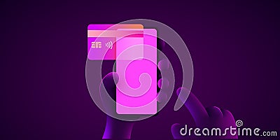 Mobile banking app and e-payment. Hand with smartphone and pay by credit card via electronic wallet wirelessly on phone Vector Illustration