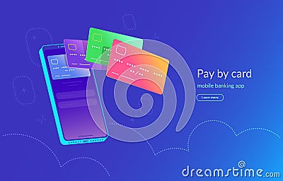 Mobile banking app and payment by credit card via electronic wallet wirelessly Vector Illustration