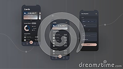 Mobile banking application user interface, screen layouts for cards and transitions on scroll, payment modal, dark Vector Illustration