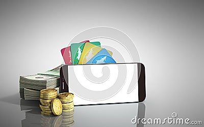 Mobile banking concept mobile phone with dollar stacks coins and Stock Photo