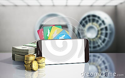 Mobile banking concept mobile phone with dollar stacks coins and Stock Photo