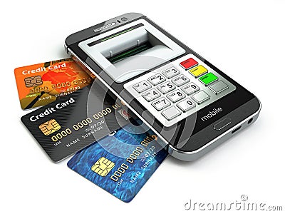 Mobile banking concept. Smartphone as ATM and credit cards. Stock Photo