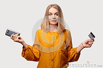 Mobile banking confused female client transaction Stock Photo