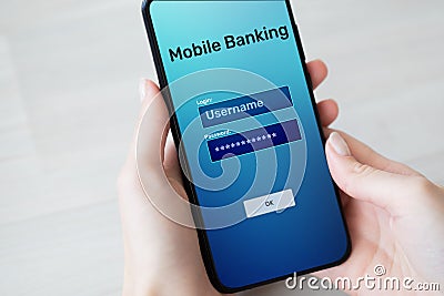 Mobile banking internet payment application on smartphone screen. Stock Photo