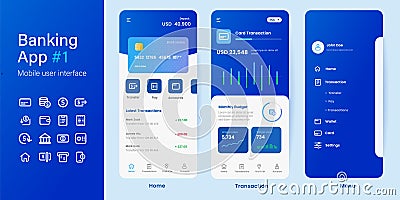 Mobile banking online smartphone app blue color application layout UI user interface money transfer management Vector Illustration