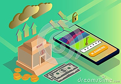 Mobile banking technology on smartphone with cloud security system Vector Illustration