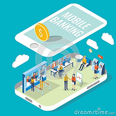 Mobile banking vector flat isometric illustration Vector Illustration