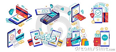 Mobile banking. Wireless funds transfer. Online wallet and receive money confirmation. Cashless taxes and bills payment Vector Illustration