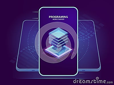 Mobile banner of development and programming of mobile application, server room isometric icon, database and cloud Vector Illustration