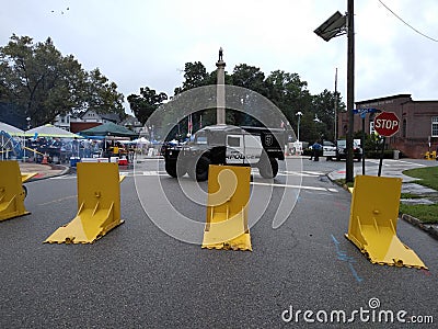 Street Fair Blockade, Yellow Meridian Barriers Protecting People, Rutherford, NJ, USA Editorial Stock Photo