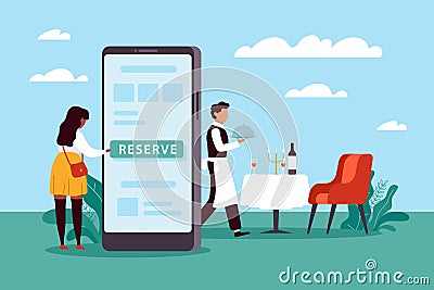 Mobile booking, reservation of table in restaurant. Woman chooses cafe online, waiter sets table, huge smartphone and Vector Illustration