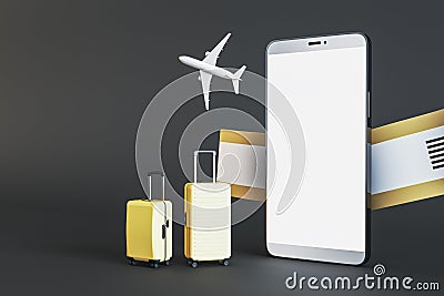 Mobile booking and travel concept with suitcases near modern smartphone with blank white screen space for your application or web Stock Photo