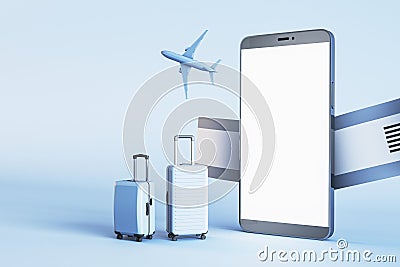 Mobile booking and travel concept with suitcases near modern smartphone with blank white screen for your application or web design Stock Photo