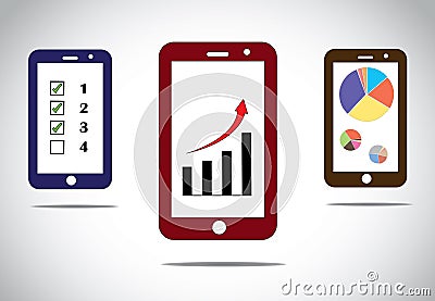 Mobile business progress charts icons infographics Cartoon Illustration