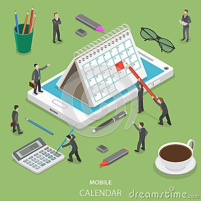 Mobile calendar flat isometric vector concept. Vector Illustration