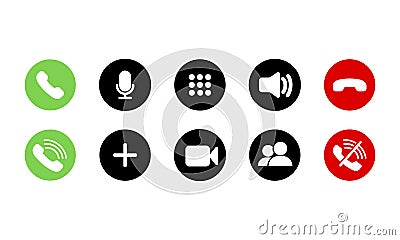 Mobile call buttons icons set flat. Phone, sound, microphone, camera, call symbols on isolated white background for applications, Vector Illustration