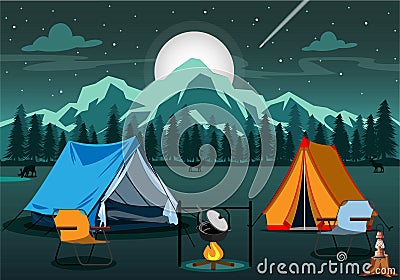 Camping at night near bright lights in a spruce forest under a magical starry sky. Stock Photo