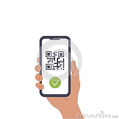 Mobile Cashless Payment system or Scan Qr Code and approval sign vector flat illustration. A hand holding mobile phone Vector Illustration