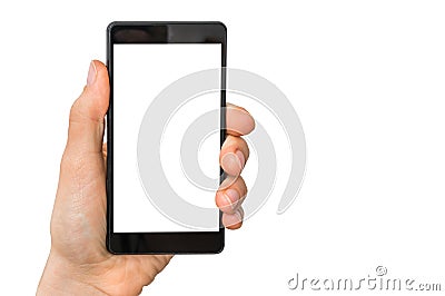 Mobile cell phone with blank white screen in female hand Stock Photo