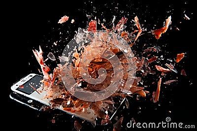 Mobile cell phone exploding into pieces Stock Photo