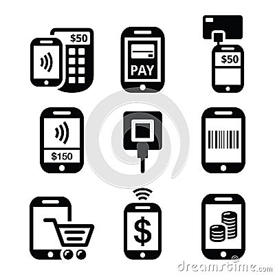 Mobile or cell phone payments, paying online with smartphone icons Stock Photo