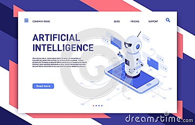 Mobile chatbot. Artificial intelligence chat assistant bot in smartphone app and educational robot isometric vector illustration Vector Illustration