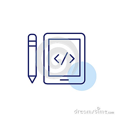 Mobile coding and web development on portable devices. Digital HTML workspace. Electronic tablet and pencil Vector Illustration