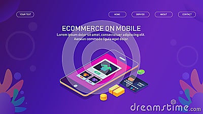 Mobile commerce, ecommerce product showing on mobile phone, online shopping, e-payment via credit card, product delivery. Vector Illustration